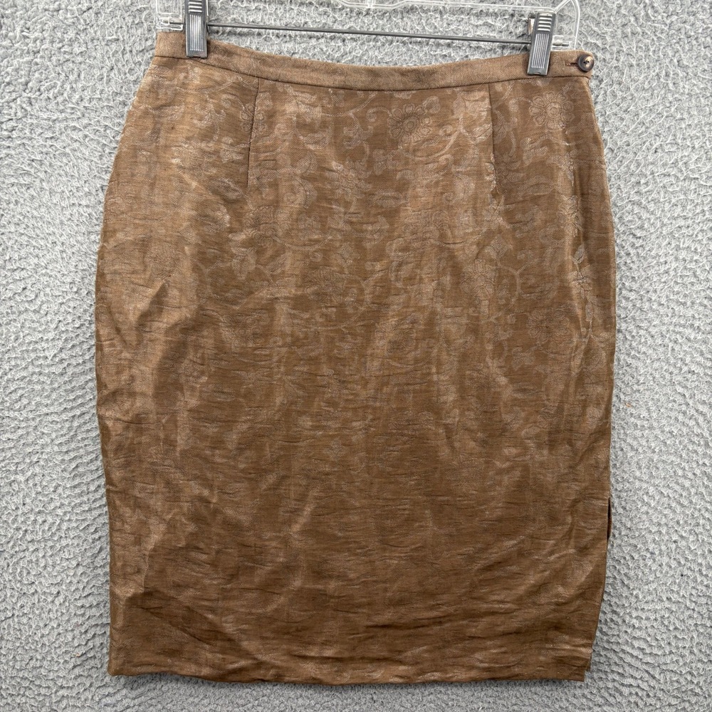 Lafayette‎ 148 Skirt Women 10P Brown Linen Blend Floral Jacquard Pencil Lined